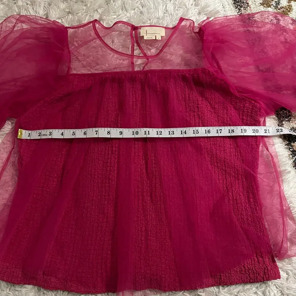 Anthropologie Pink Sheer Puff-Sleeve Top Size L - Picture 6 of 7
